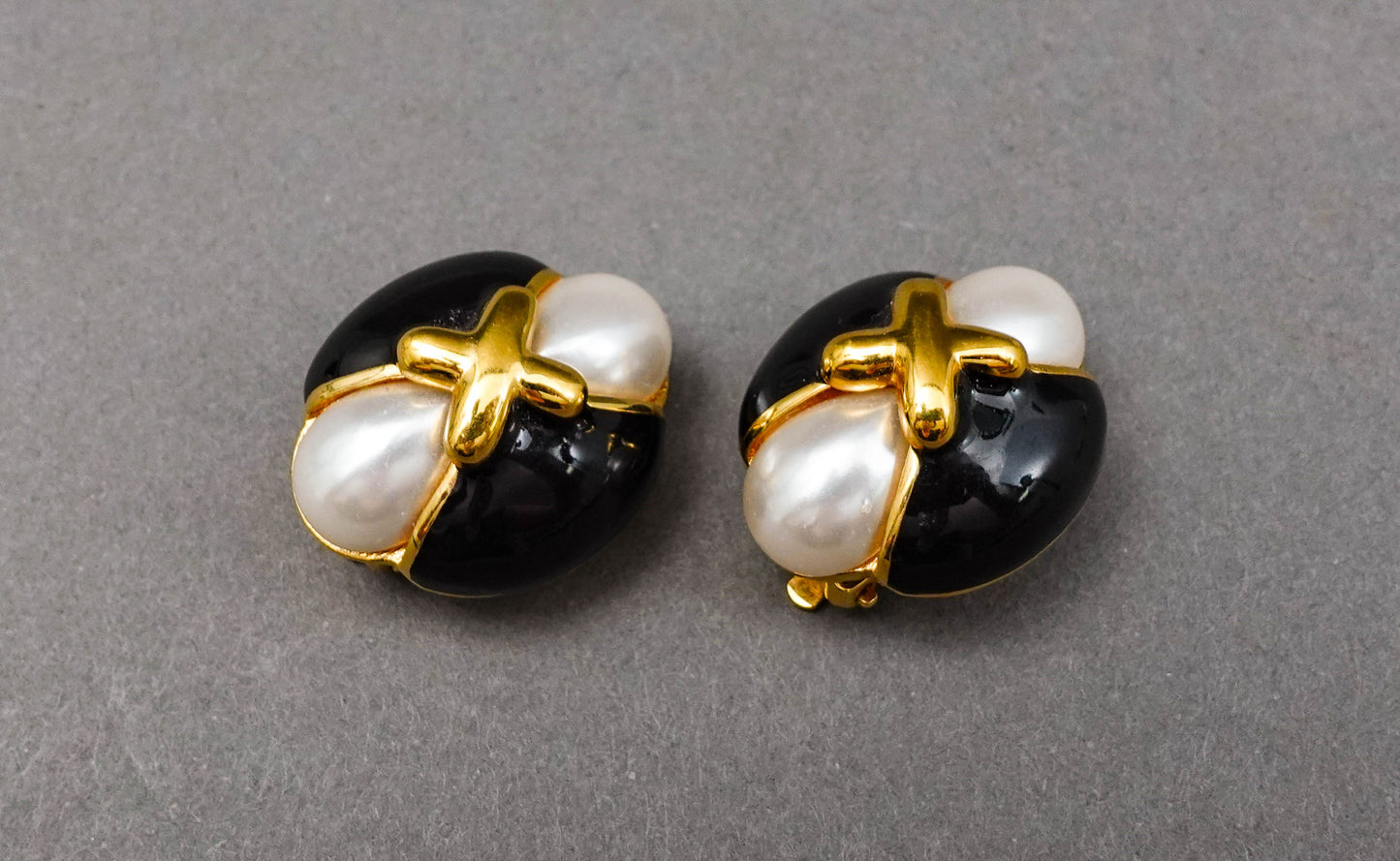 St. John Vintage Gold Tone Faux Pearl Black Enamel Statement Clip Earrings