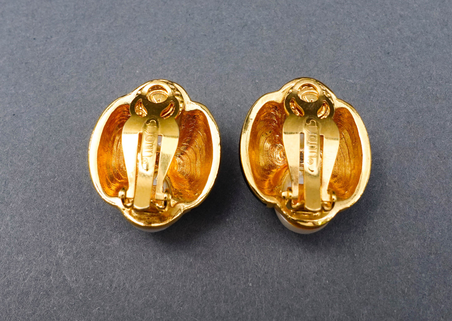 St. John Vintage Gold Tone Faux Pearl Black Enamel Statement Clip Earrings
