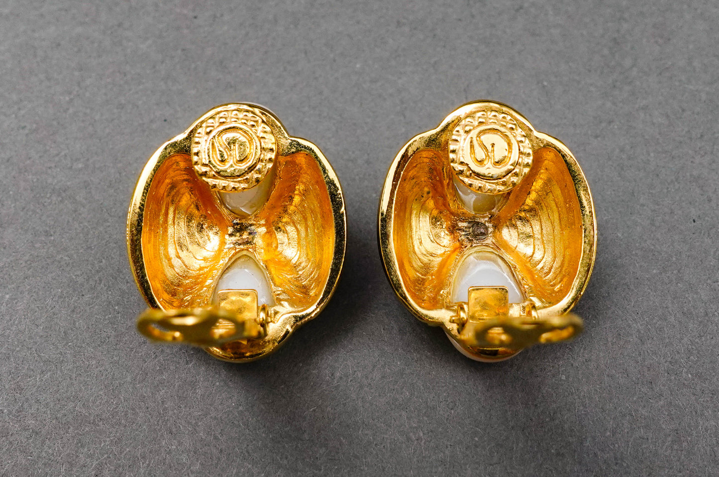 St. John Vintage Gold Tone Faux Pearl Black Enamel Statement Clip Earrings
