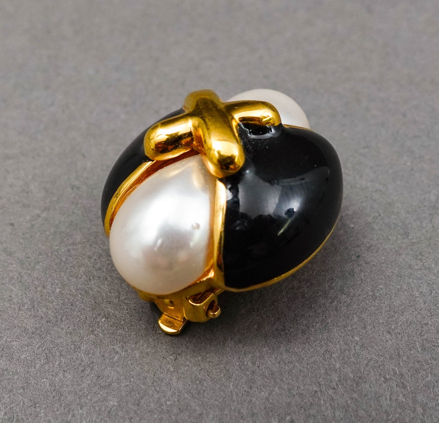 St. John Vintage Gold Tone Faux Pearl Black Enamel Statement Clip Earrings
