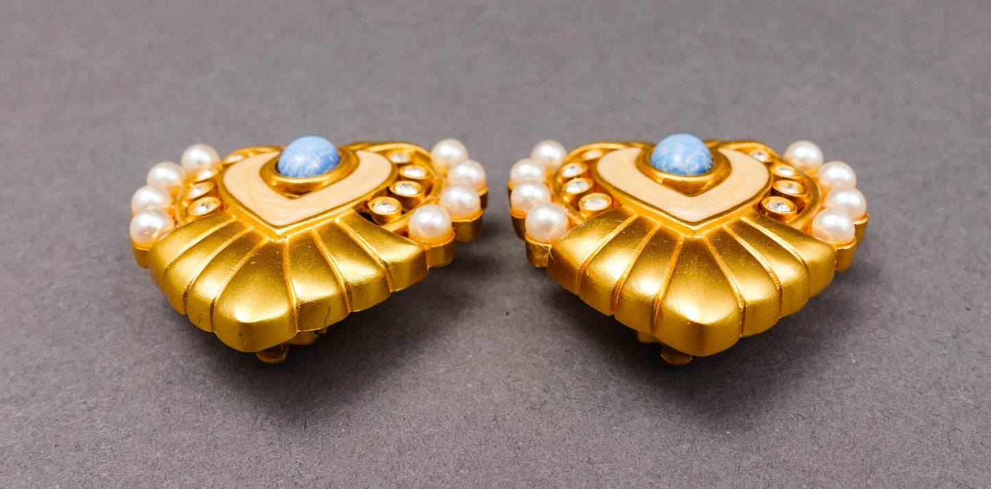 Elizabeth Taylor Avon Vintage Heart Of Hollywood Gold Tone Pearls Clip Earrings