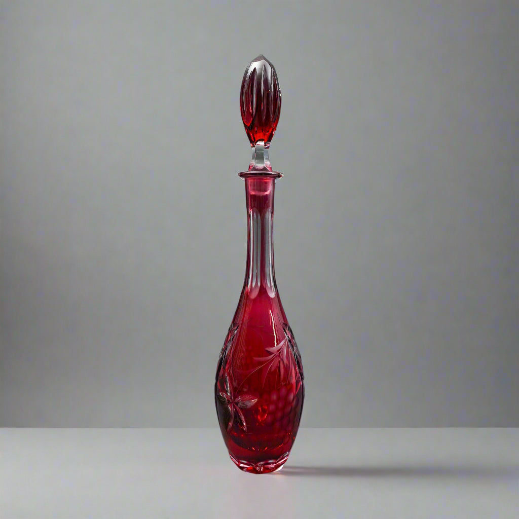 Natchtmann Bleikristall Crystal Germany Cranberry Cut To Clear Glass Decanter
