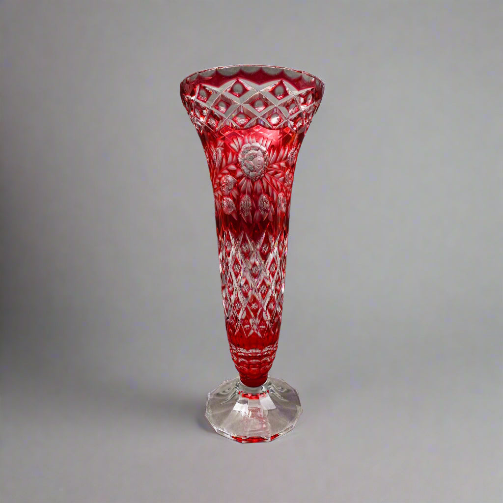Bohemian Crystal Vintage Cranberry Red Cut To Clear Footed Art Glass Vase 13.75"