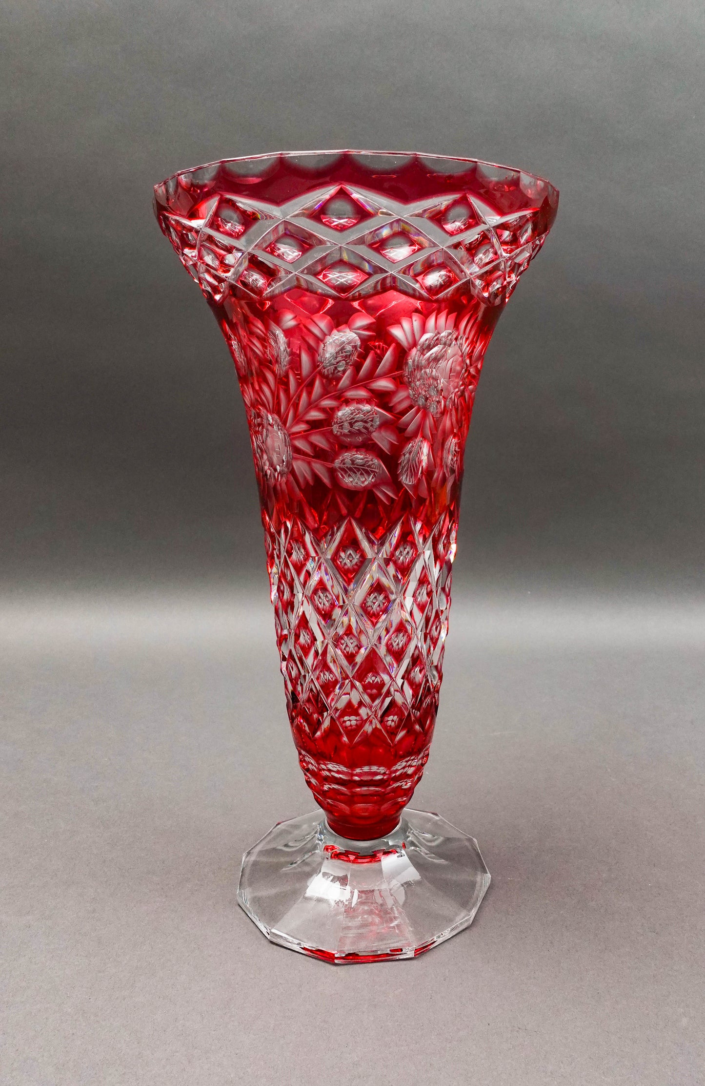 Bohemian Crystal Vintage Cranberry Red Cut To Clear Footed Art Glass Vase 13.75"