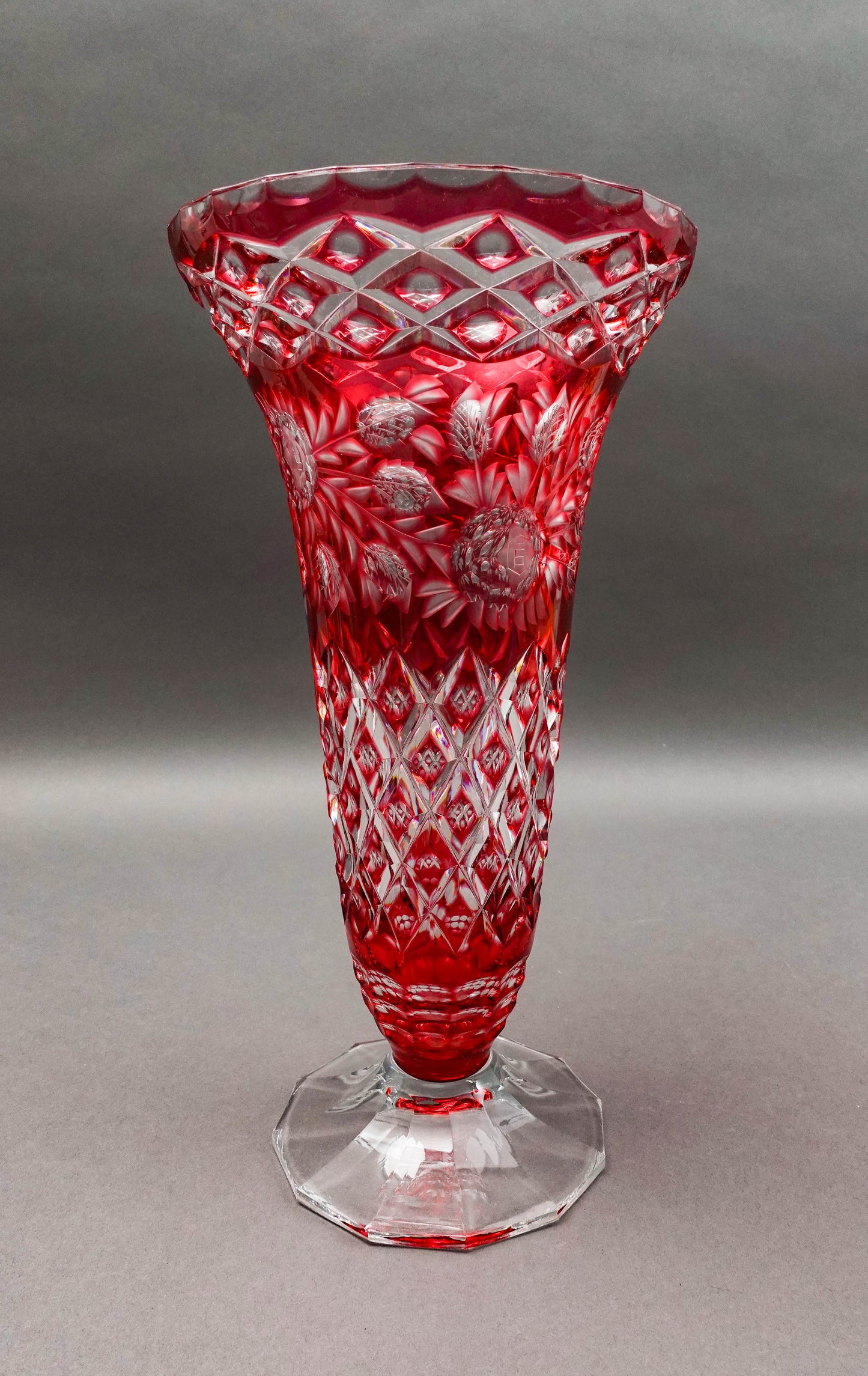 Bohemian Crystal Vintage Cranberry Red Cut To Clear Footed Art Glass Vase 13.75"
