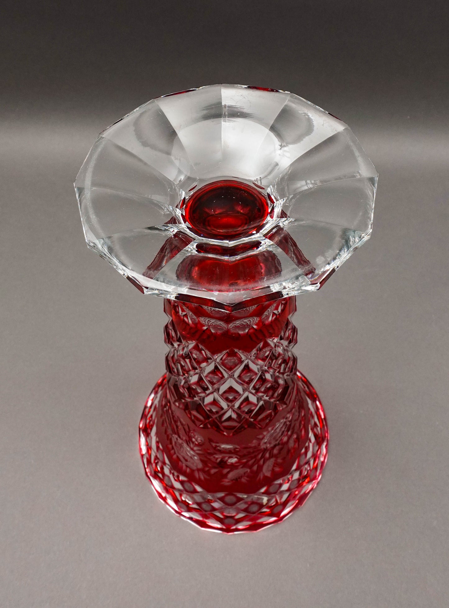Bohemian Crystal Vintage Cranberry Red Cut To Clear Footed Art Glass Vase 13.75"