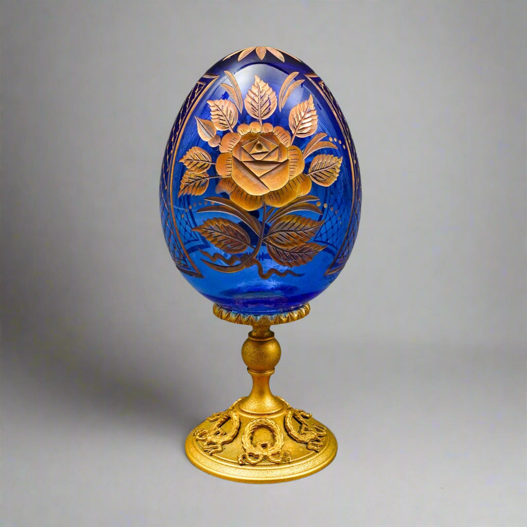 Faberge Cobalt Blue Cut Crystal Gold Gilt Rose Flower & Fruit Basket Egg #0681