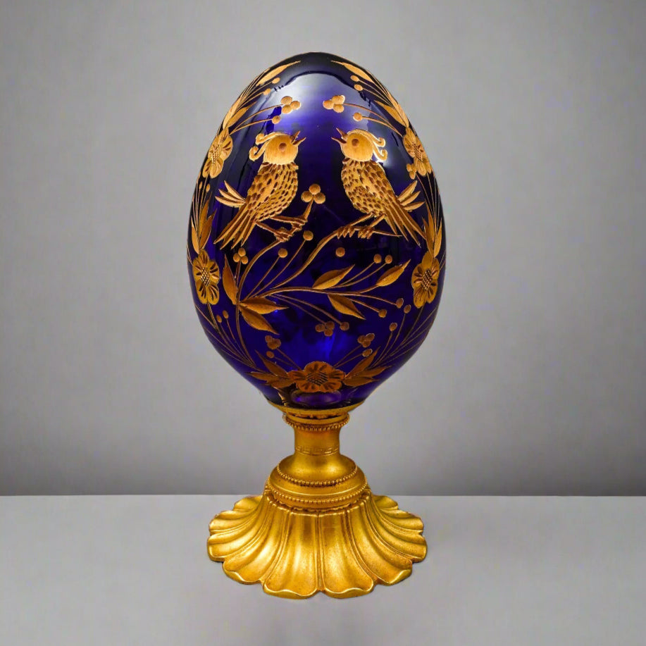 Style Of Faberge Cobalt Blue Cut Crystal Gold Gilt Floral Love Birds Egg
