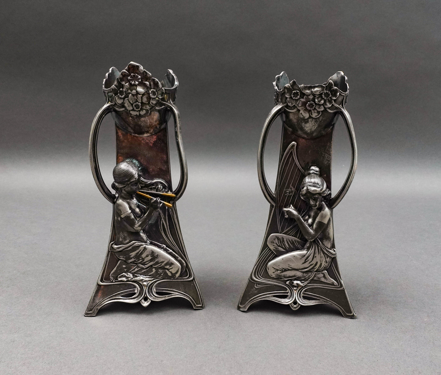 WMF Germany Pair Of Art Nouveau Silver Plated Girl With Harp Flute Vase (Read)