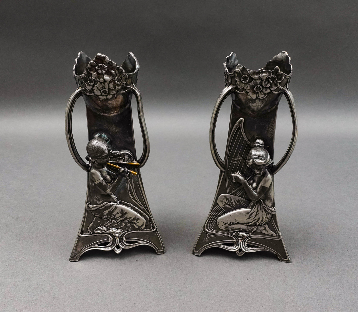 WMF Germany Pair Of Art Nouveau Silver Plated Girl With Harp Flute Vase (Read)