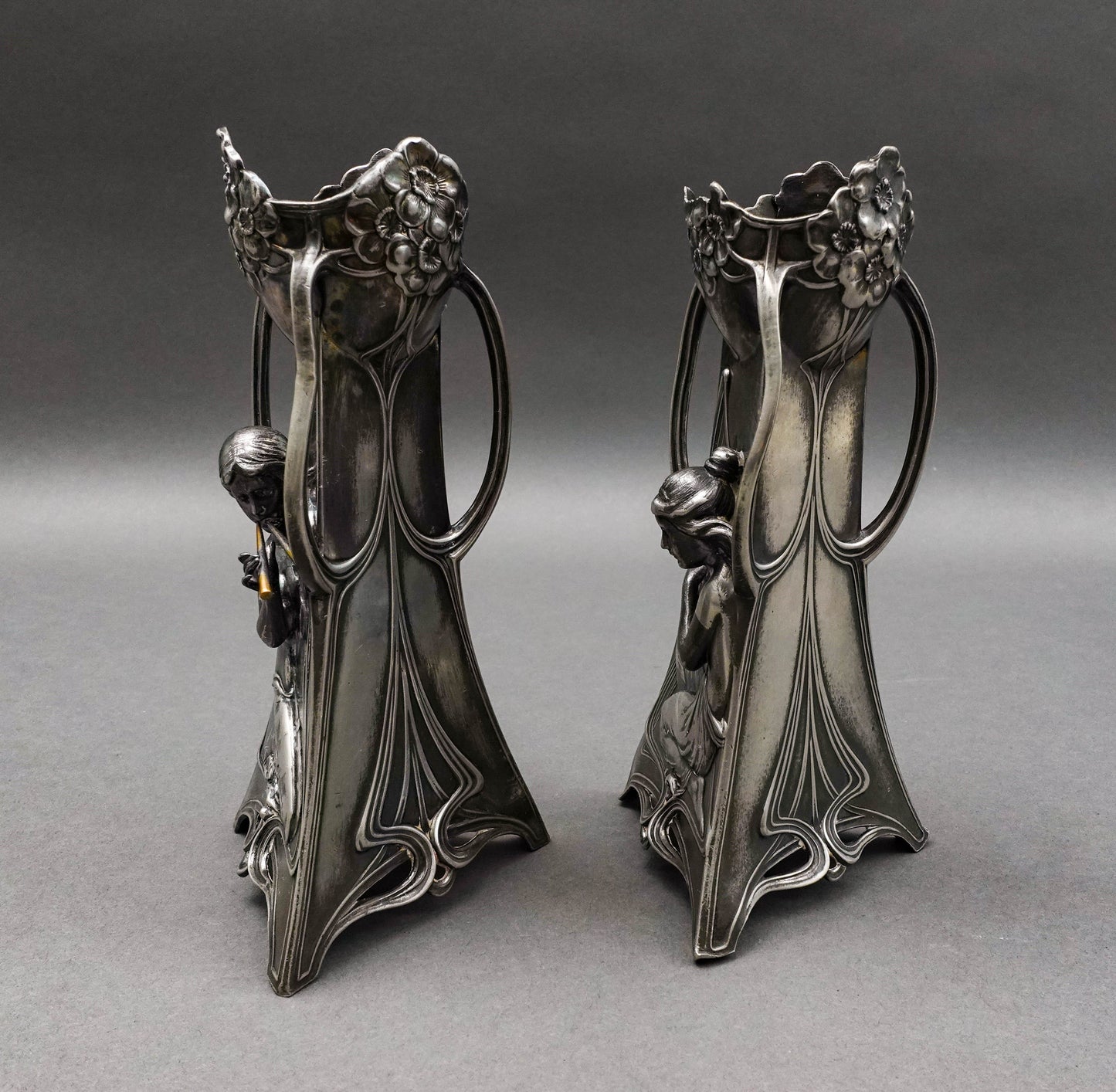 WMF Germany Pair Of Art Nouveau Silver Plated Girl With Harp Flute Vase (Read)
