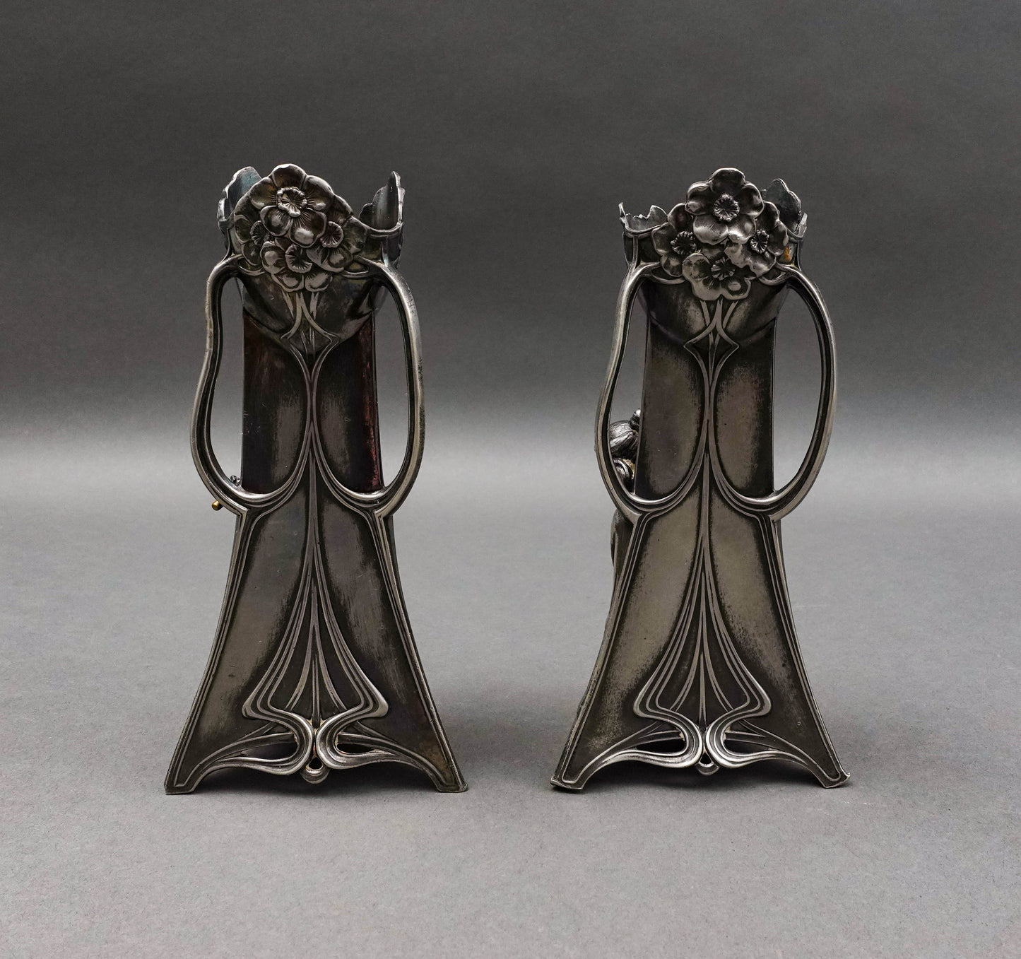 WMF Germany Pair Of Art Nouveau Silver Plated Girl With Harp Flute Vase (Read)