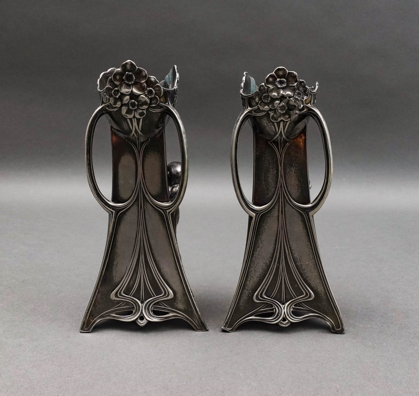WMF Germany Pair Of Art Nouveau Silver Plated Girl With Harp Flute Vase (Read)