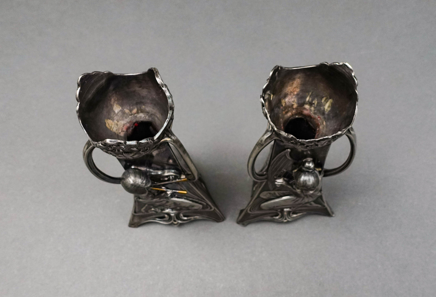 WMF Germany Pair Of Art Nouveau Silver Plated Girl With Harp Flute Vase (Read)