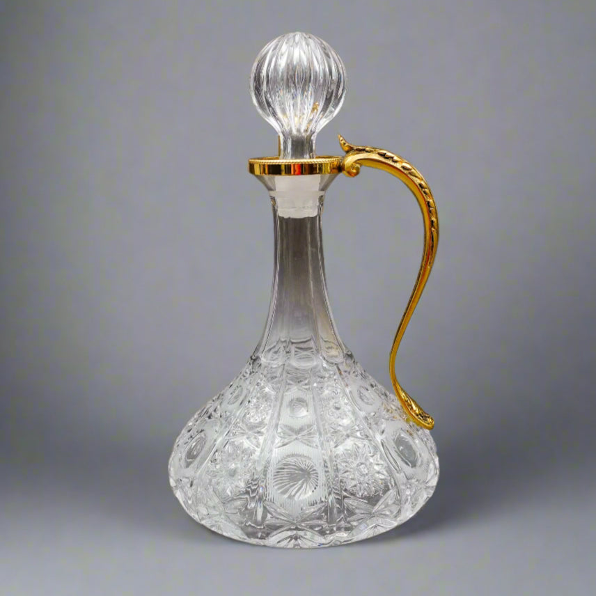 Bohemian Cut Glass Gold Leaf Motif Handle Crystal Decanter With Stopper
