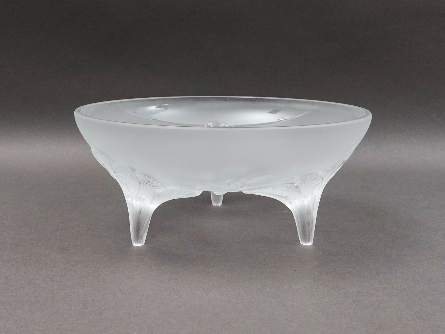 Lalique France Signed Orchidee Lys Orchid Three Footed Crystal Centerpiece Bowl