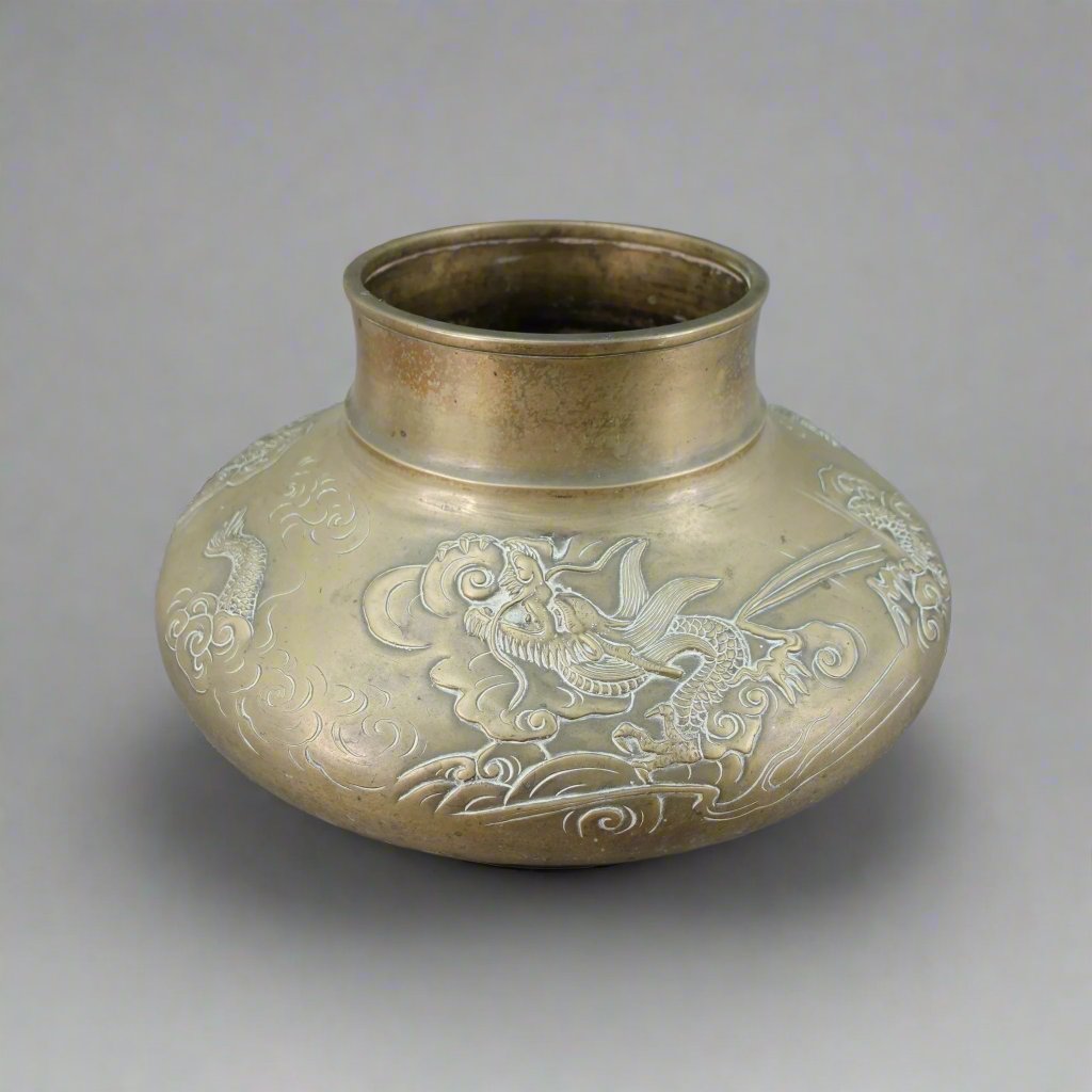 Old Japanese Bronze Dragons Flying Through Clouds Vase