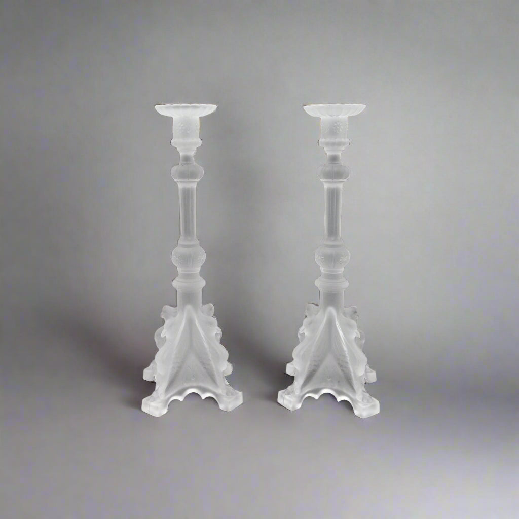 Val St Lambert Signed Pair Of Frosted Crystal Candlestick Candle Holders