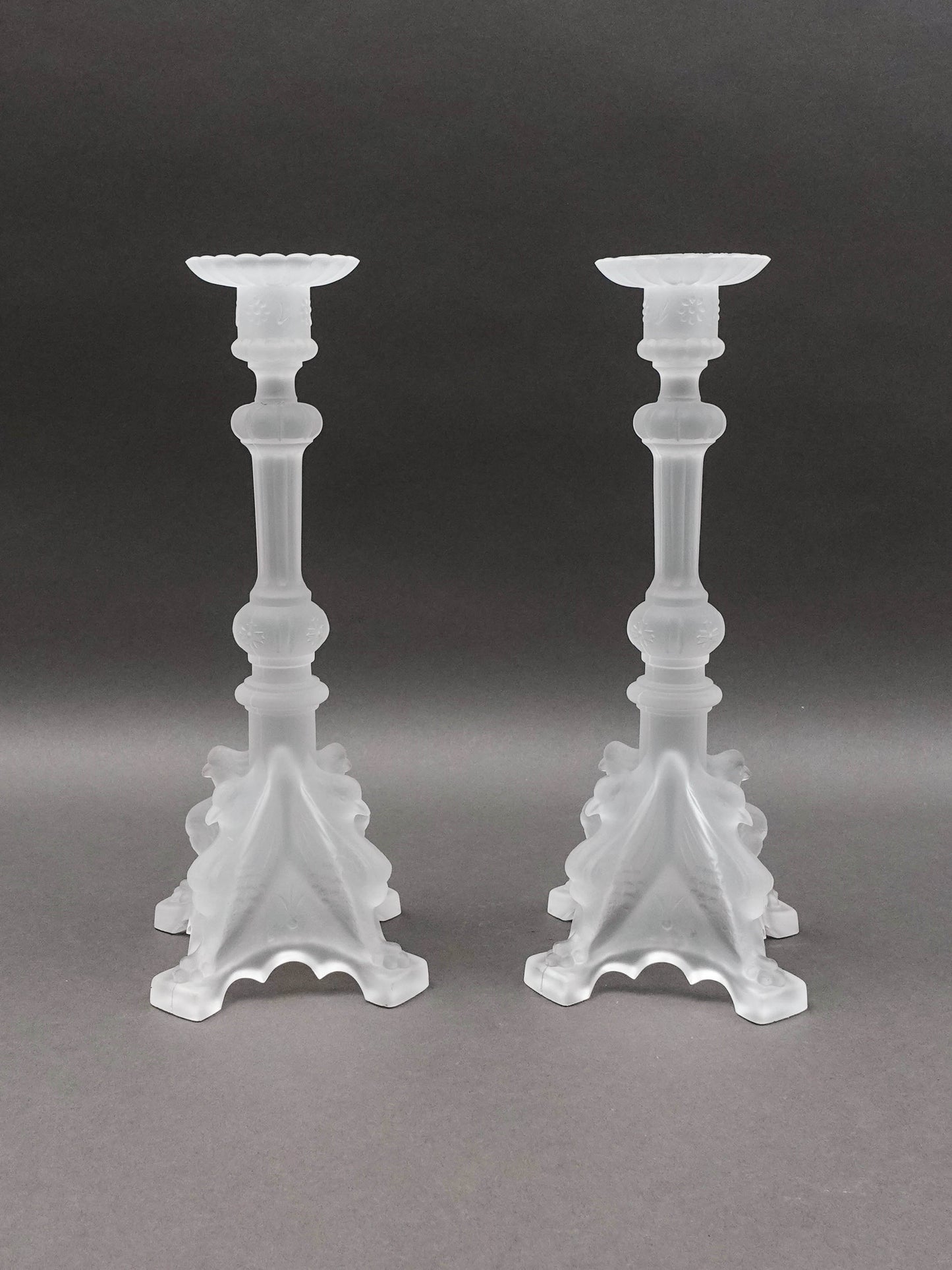 Val St Lambert Signed Pair Of Frosted Crystal Candlestick Candle Holders