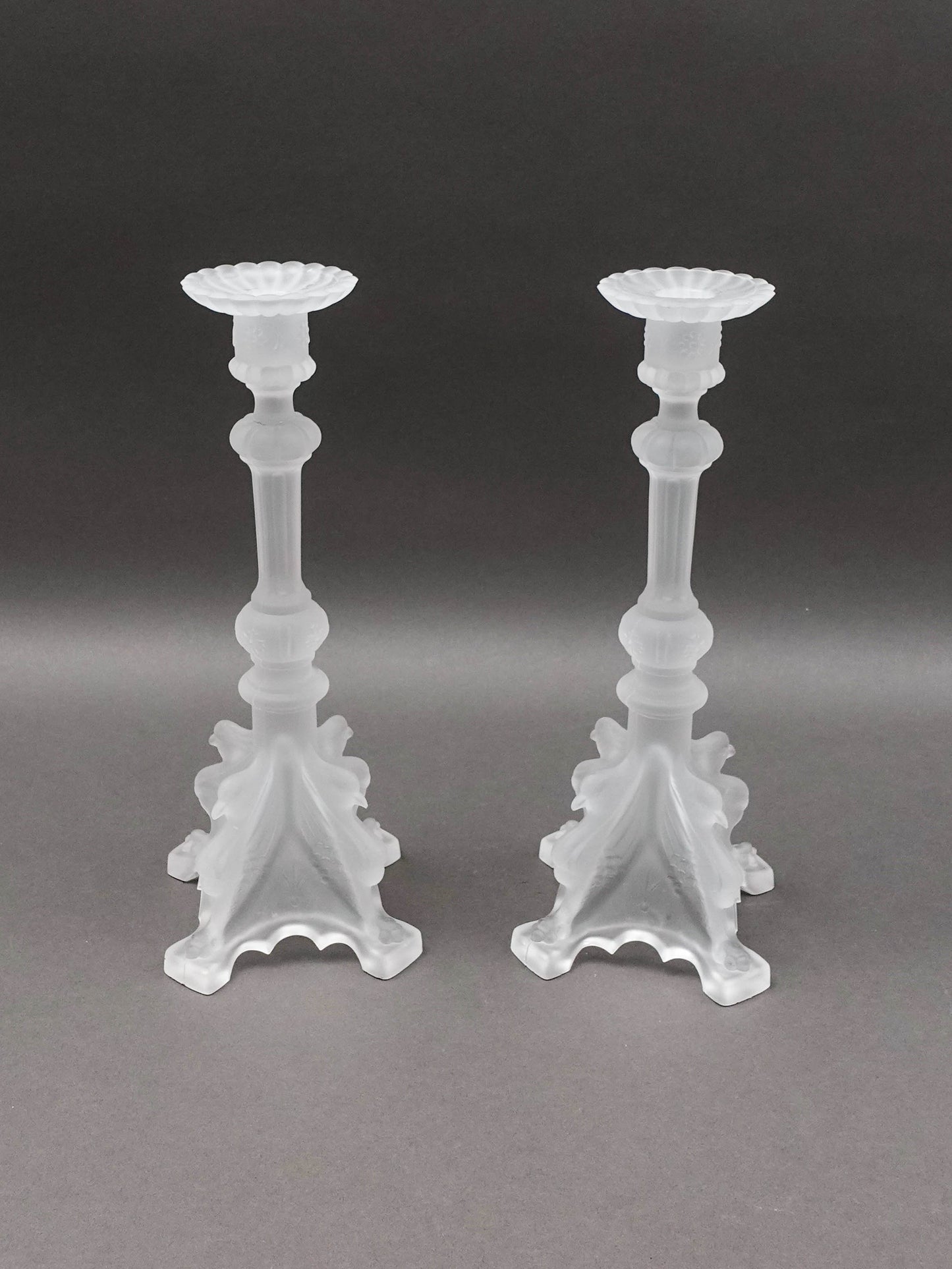 Val St Lambert Signed Pair Of Frosted Crystal Candlestick Candle Holders