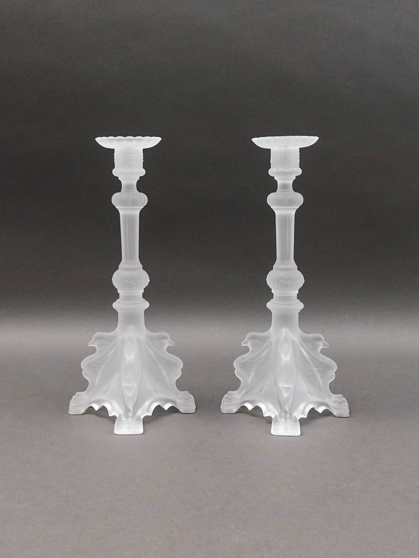 Val St Lambert Signed Pair Of Frosted Crystal Candlestick Candle Holders