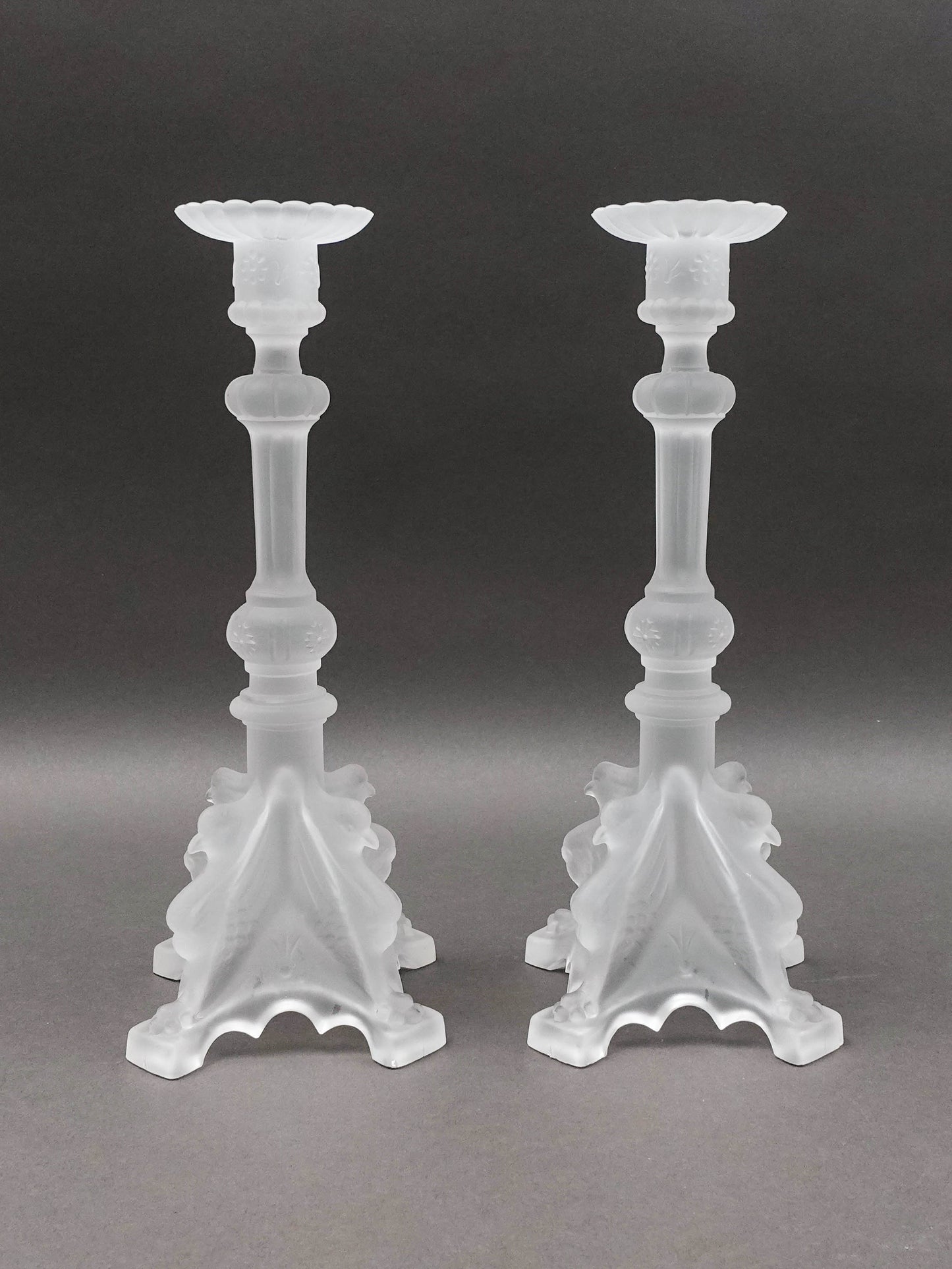 Val St Lambert Signed Pair Of Frosted Crystal Candlestick Candle Holders
