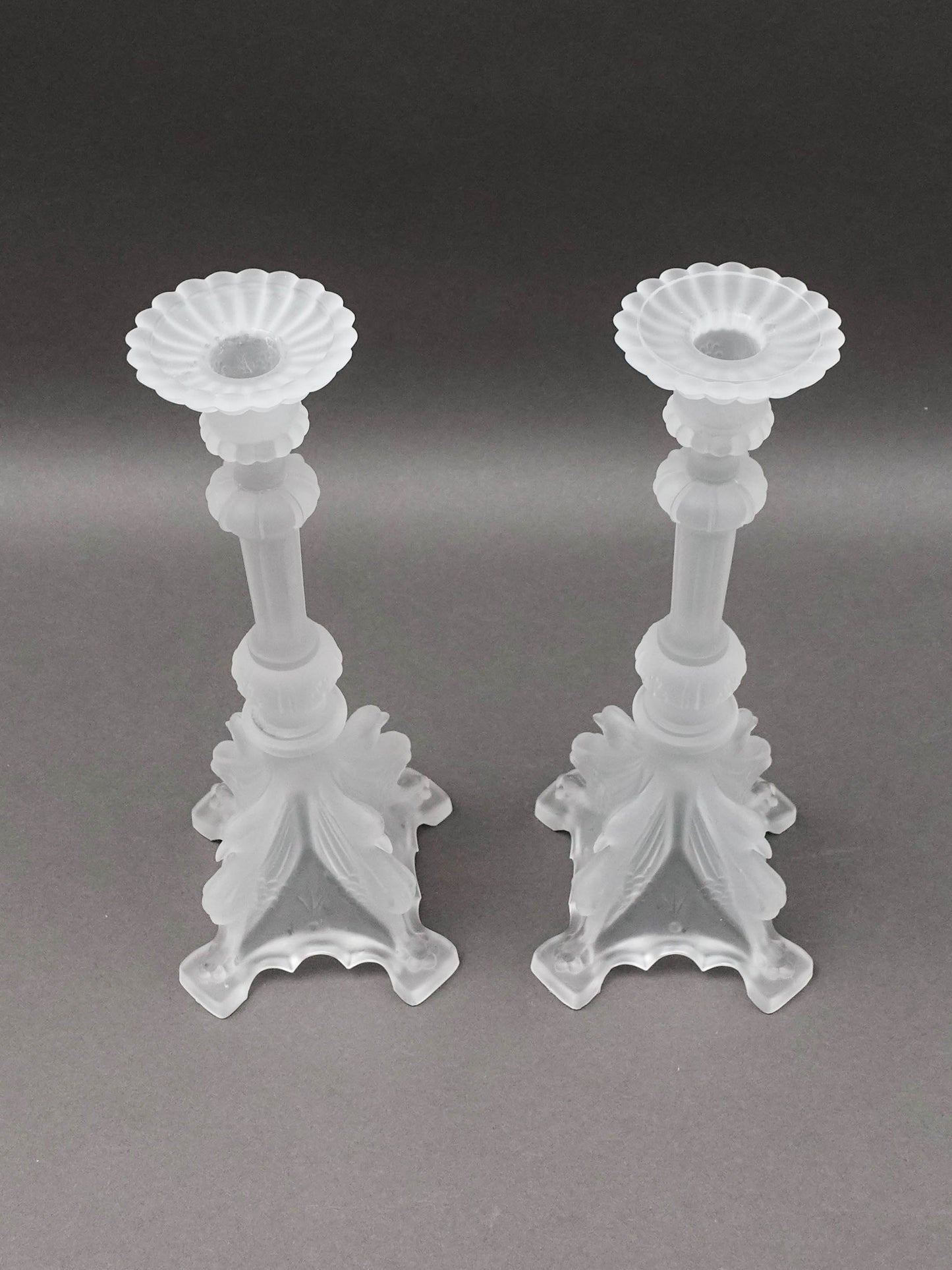 Val St Lambert Signed Pair Of Frosted Crystal Candlestick Candle Holders