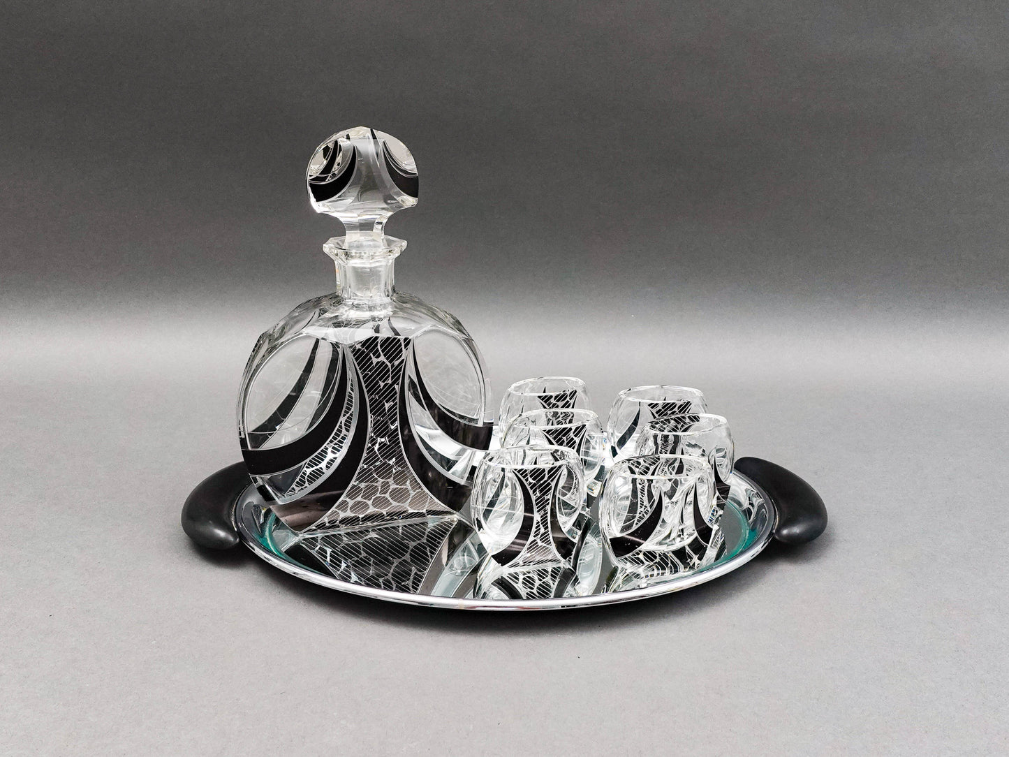 Carl Palda Haida Czech Bohemian Art Deco Decanter 6 Glasses Set With Tray (Read)
