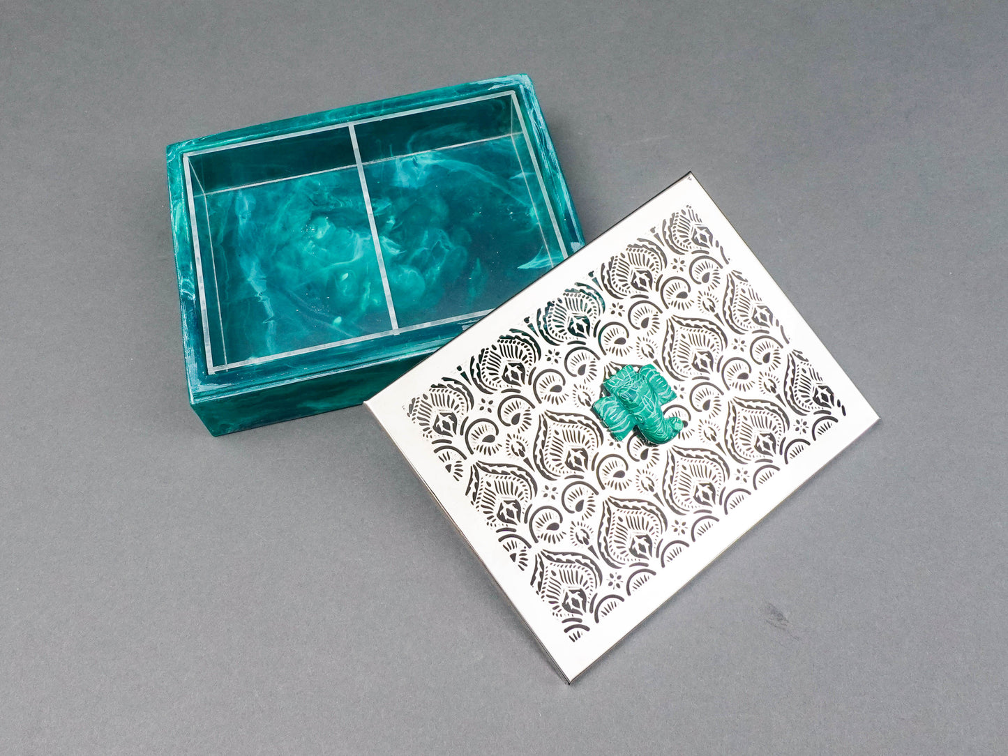 Bespoke Home Jewels Malachite Elephant Cut Silver Metal Lid Jewlery Trinket Box