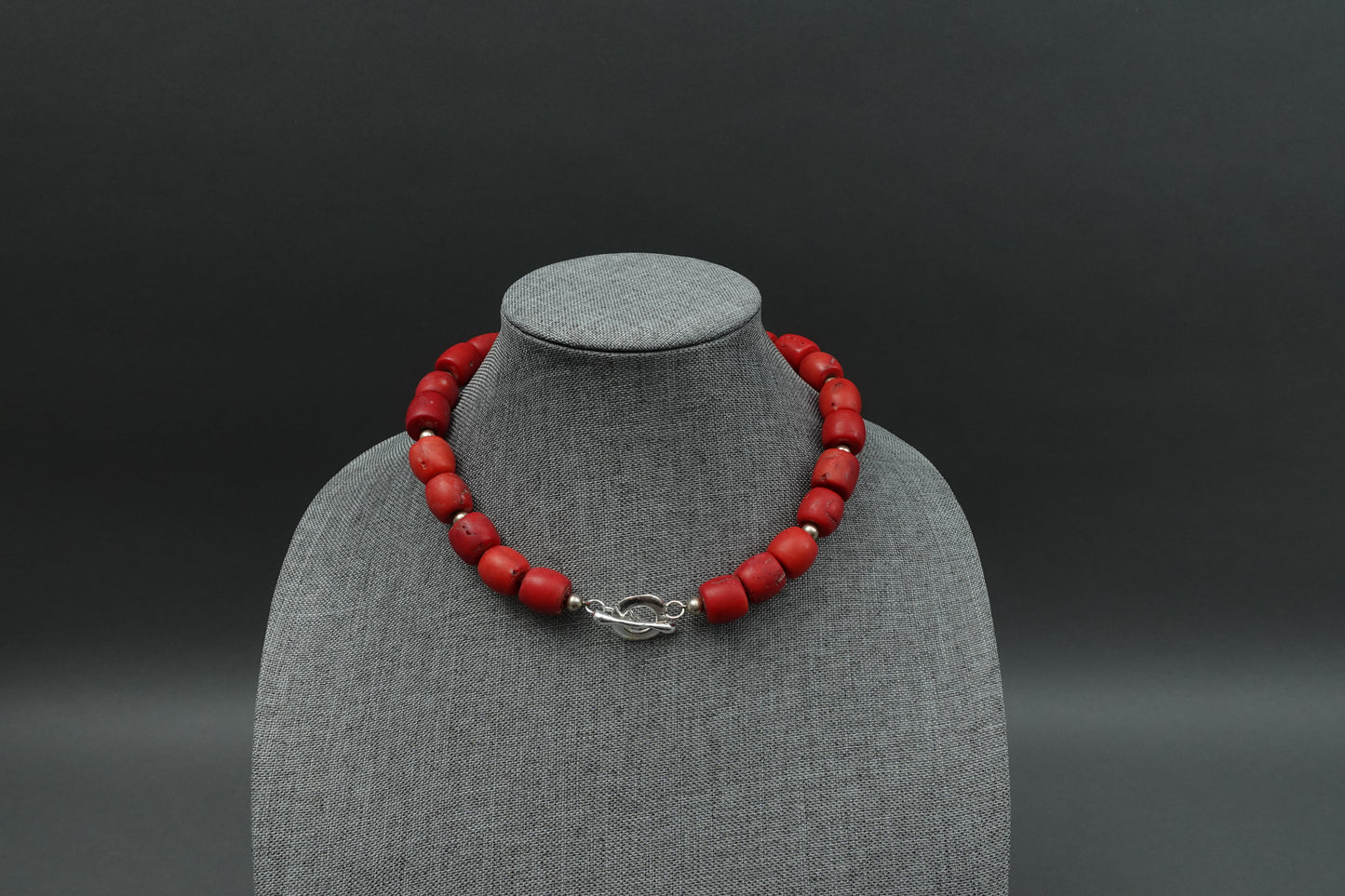 Sterling Silver 925 Red Coral Barrel Beaded Choker Necklace 17"