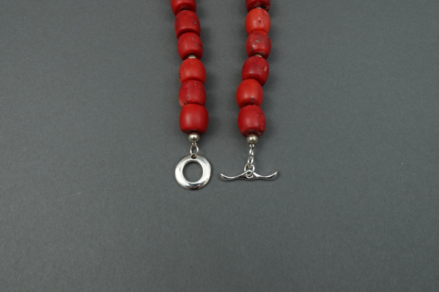 Sterling Silver 925 Red Coral Barrel Beaded Choker Necklace 17"