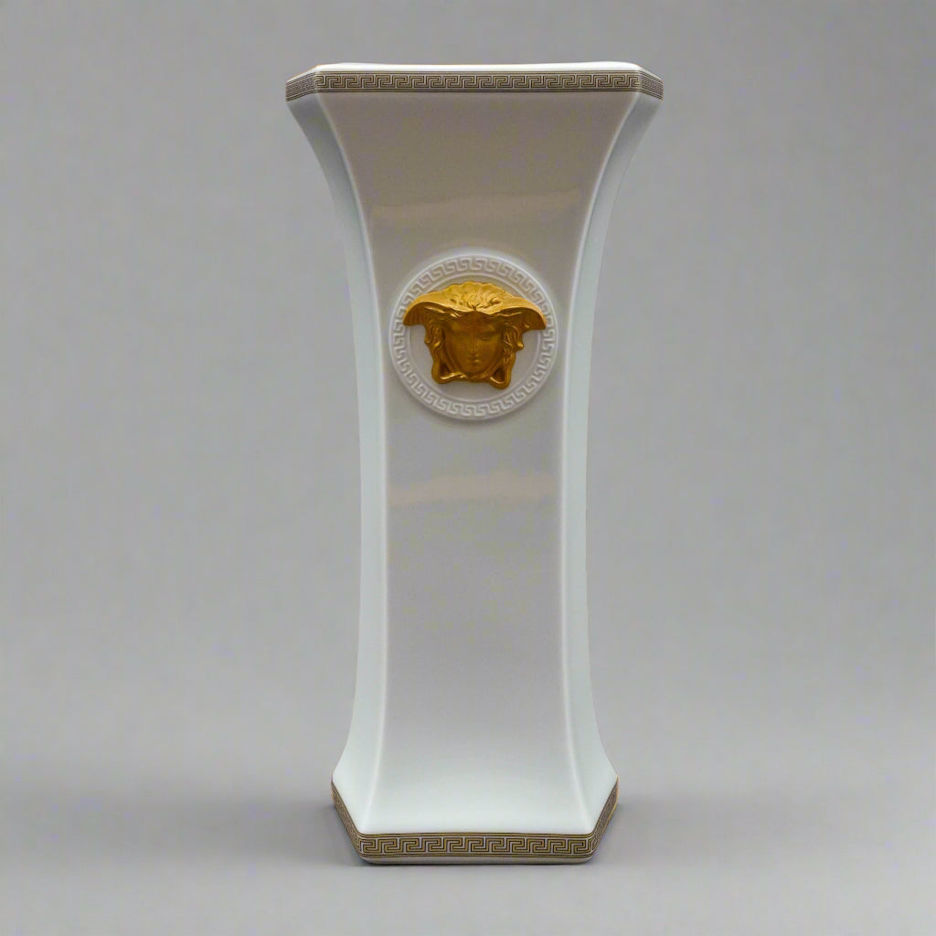 Versace Rosenthal Gorgona Medusa White Greek Key Porcelain Vase 10" New In Box