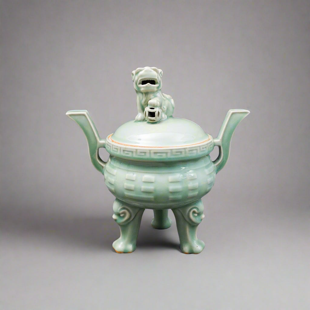 Celadon Vintage Foo Dog Porcelain Handled Censer Burner.