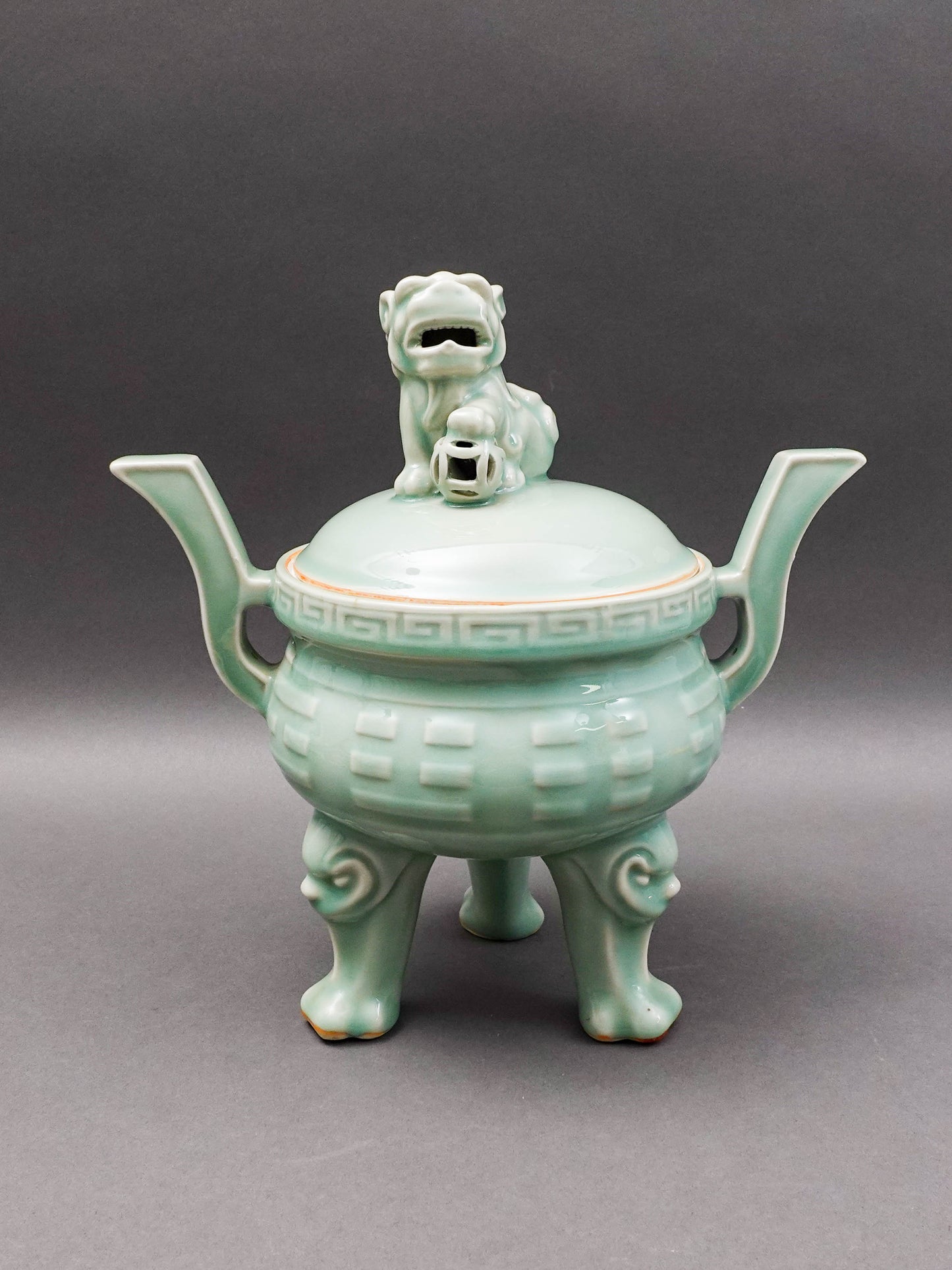Celadon Vintage Foo Dog Porcelain Handled Censer Burner.
