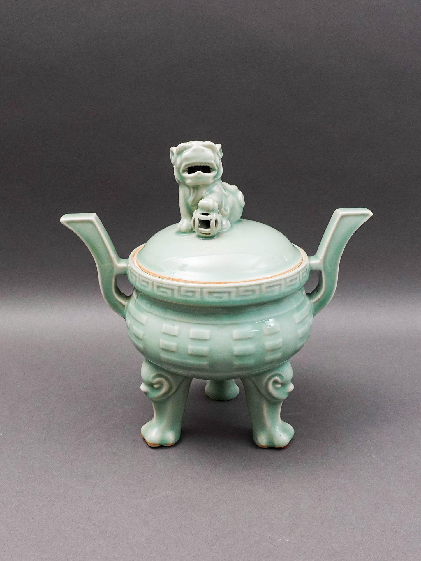 Celadon Vintage Foo Dog Porcelain Handled Censer Burner.