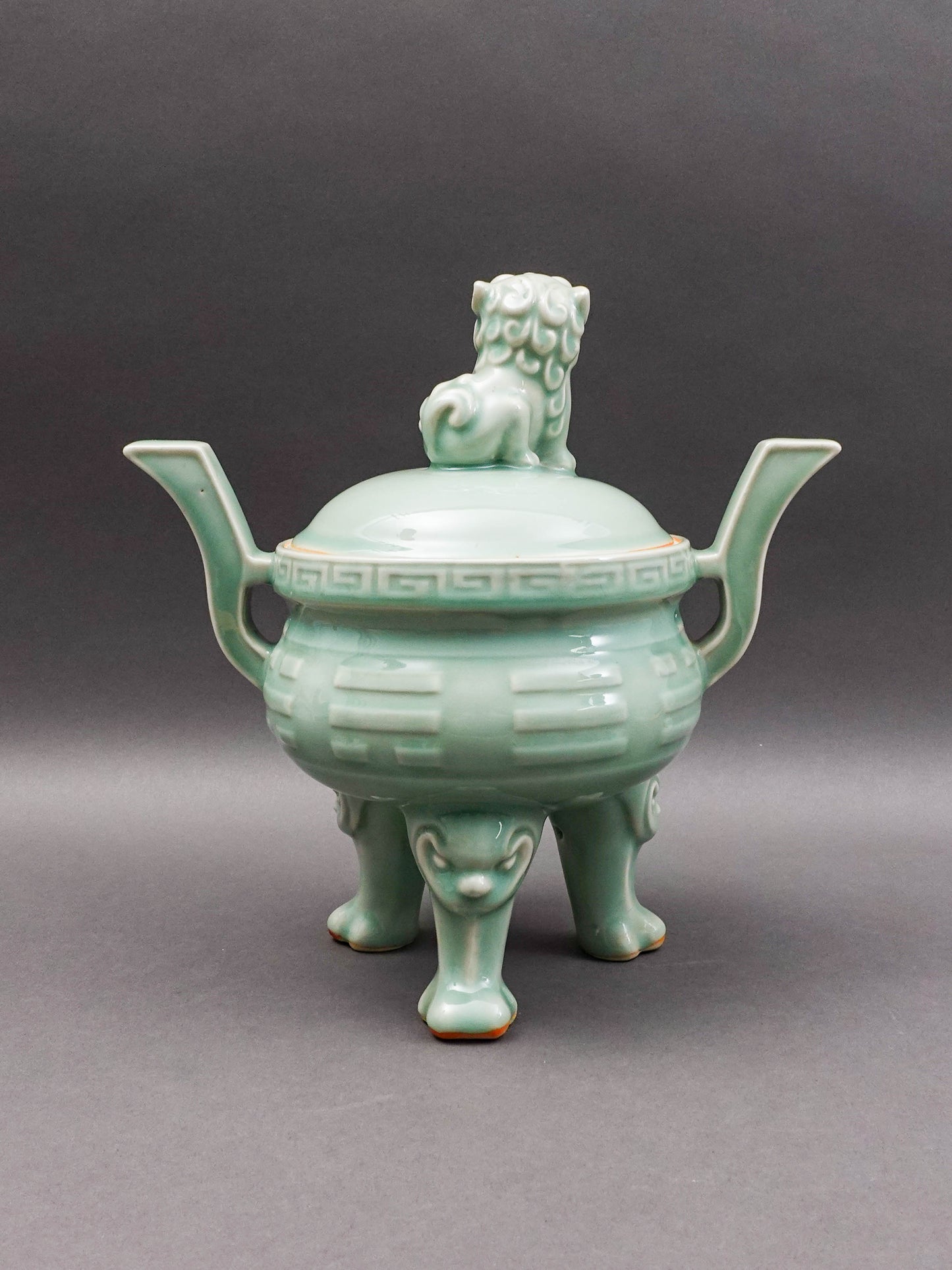 Celadon Vintage Foo Dog Porcelain Handled Censer Burner.