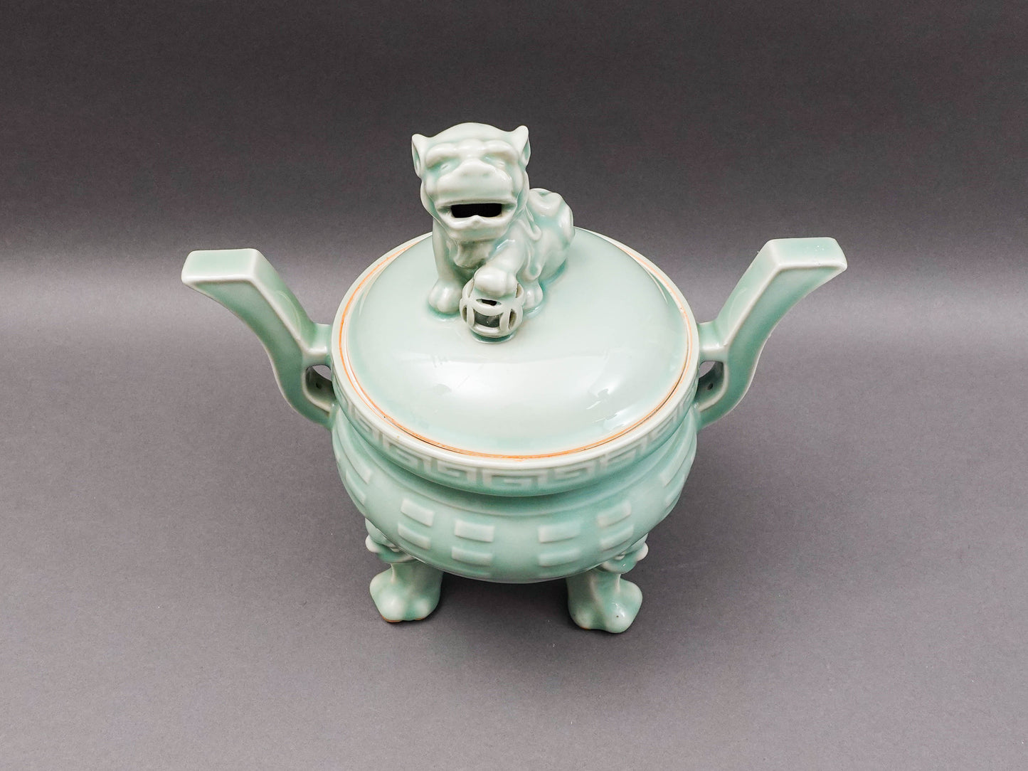 Celadon Vintage Foo Dog Porcelain Handled Censer Burner.
