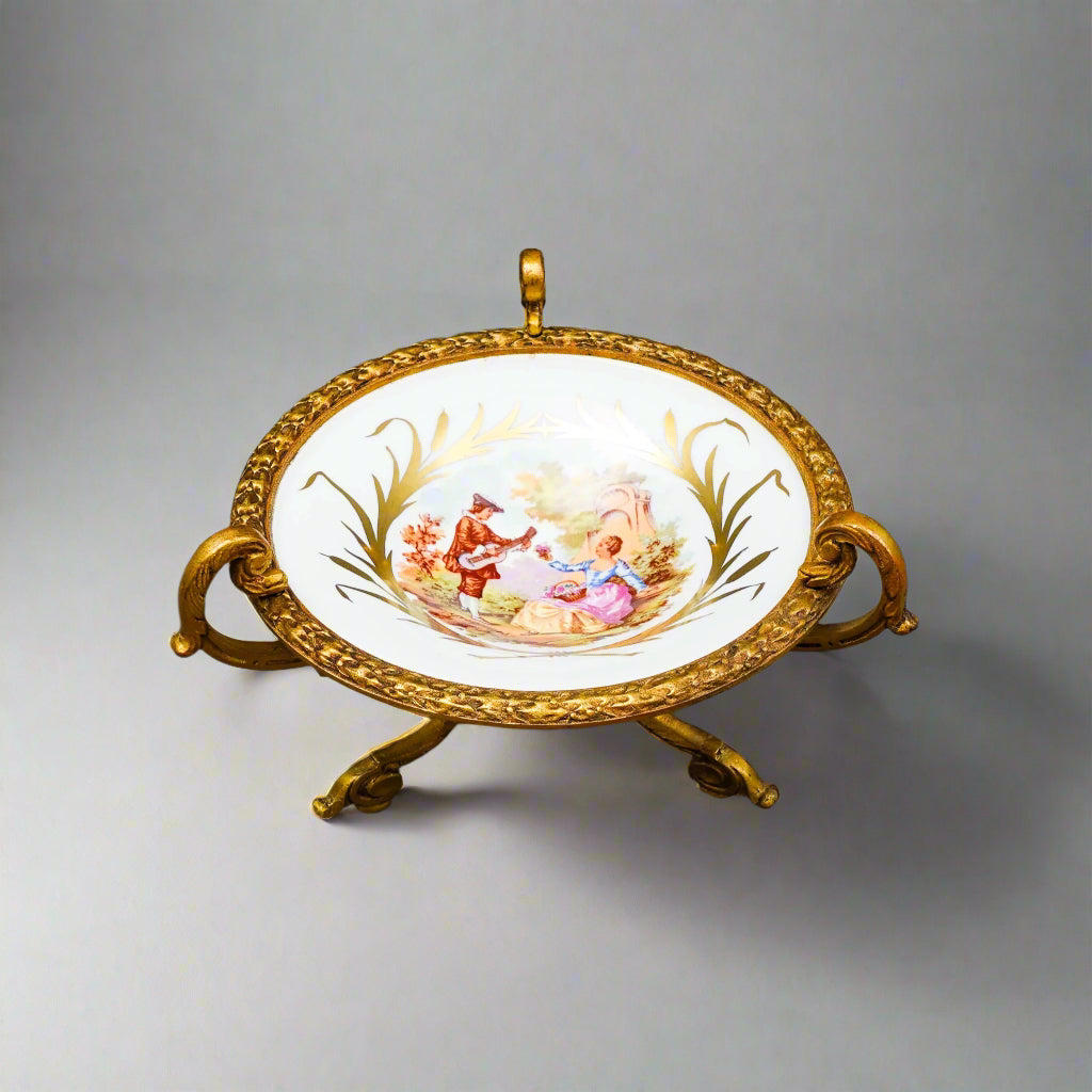 Sevres France Antique Fragonard Hand Painted Porcelain Bronze Ormolu Tazza Bowl