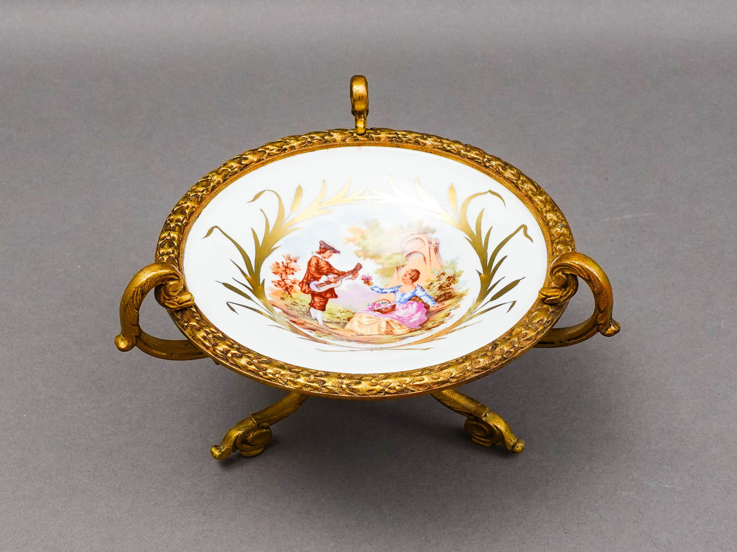 Sevres France Antique Fragonard Hand Painted Porcelain Bronze Ormolu Tazza Bowl