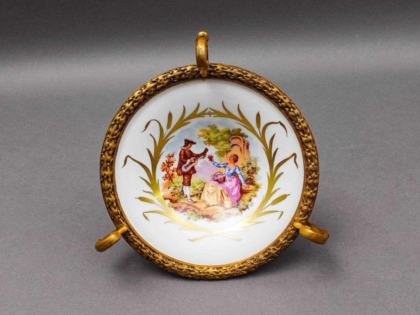 Sevres France Antique Fragonard Hand Painted Porcelain Bronze Ormolu Tazza Bowl