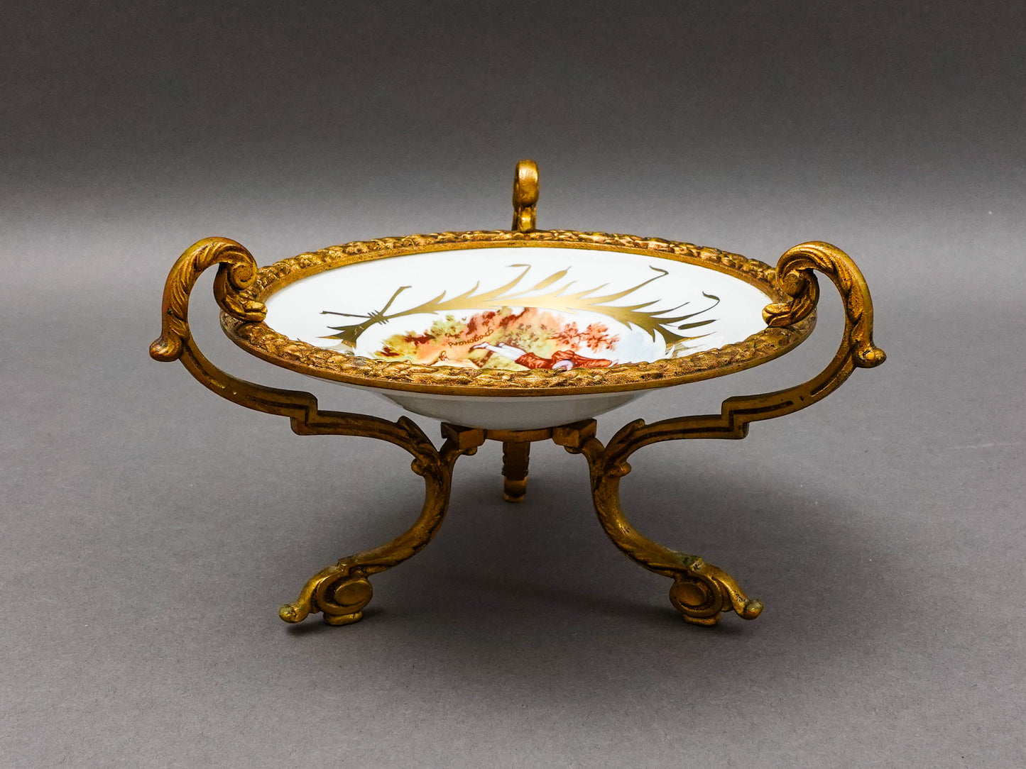 Sevres France Antique Fragonard Hand Painted Porcelain Bronze Ormolu Tazza Bowl