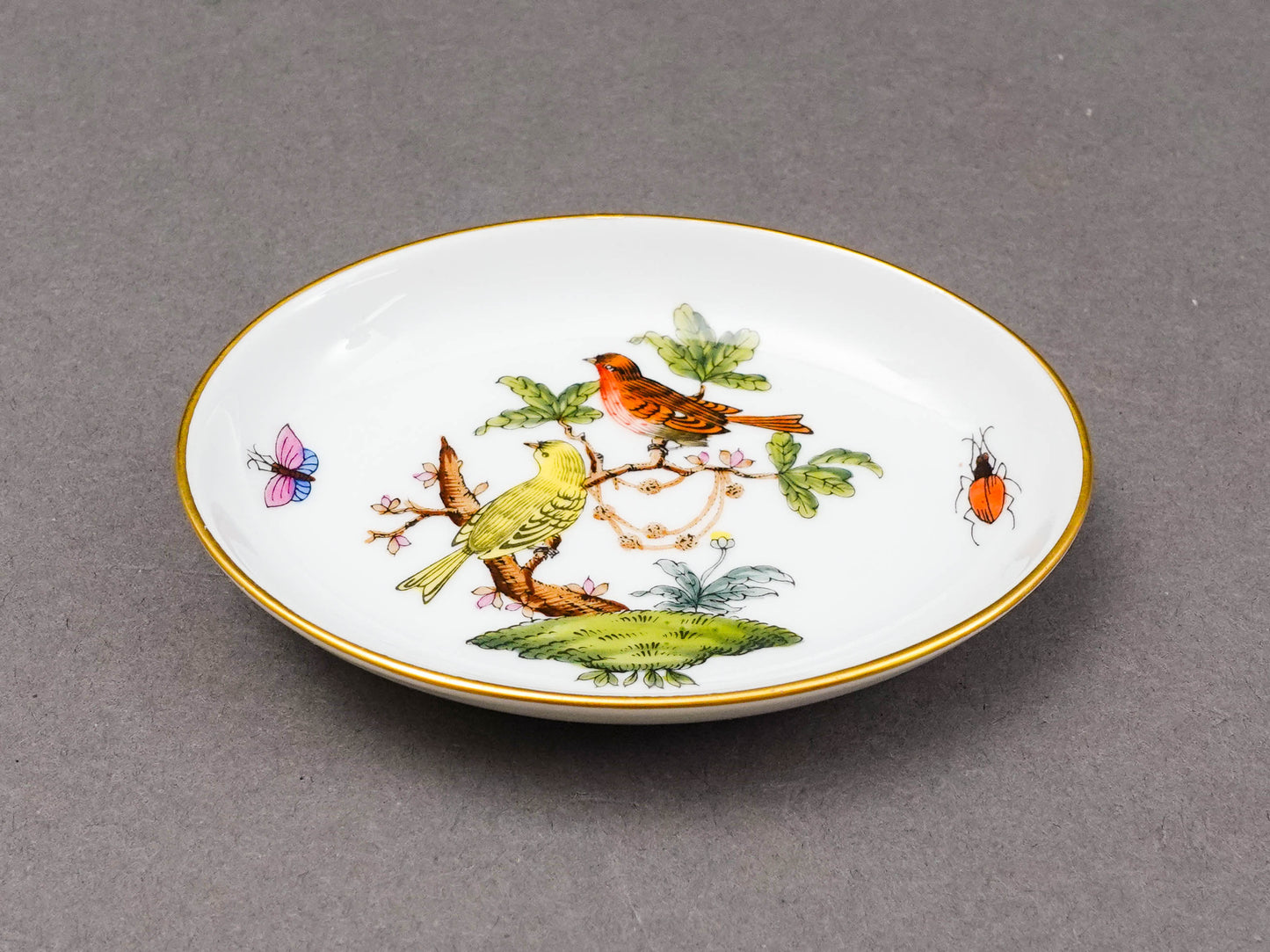 Herend Hungary Rothschild Bird Porcelain Oval Trinket Dish Butter Pat Tray 7781