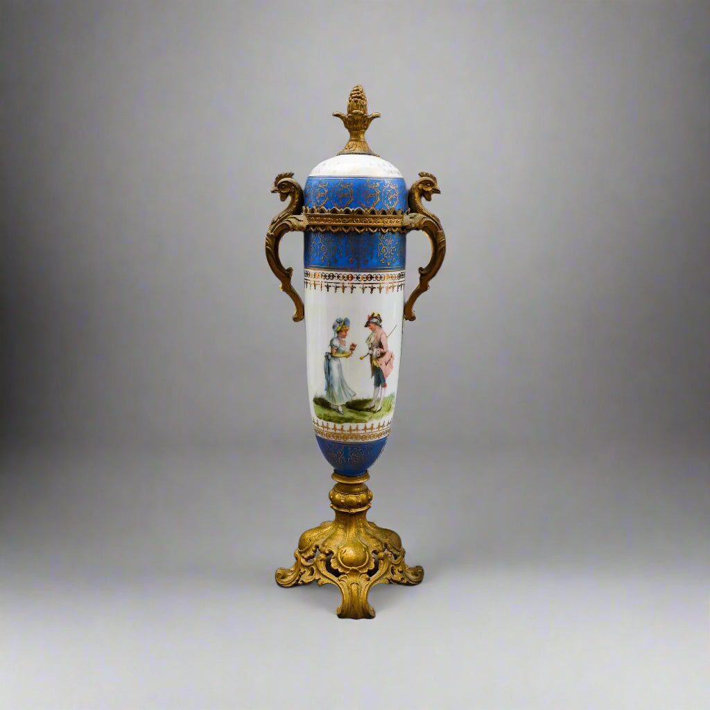 Sevres Style Antique French Hand Painted Porcelain Bronze Ormolu Mounts Urn Vase