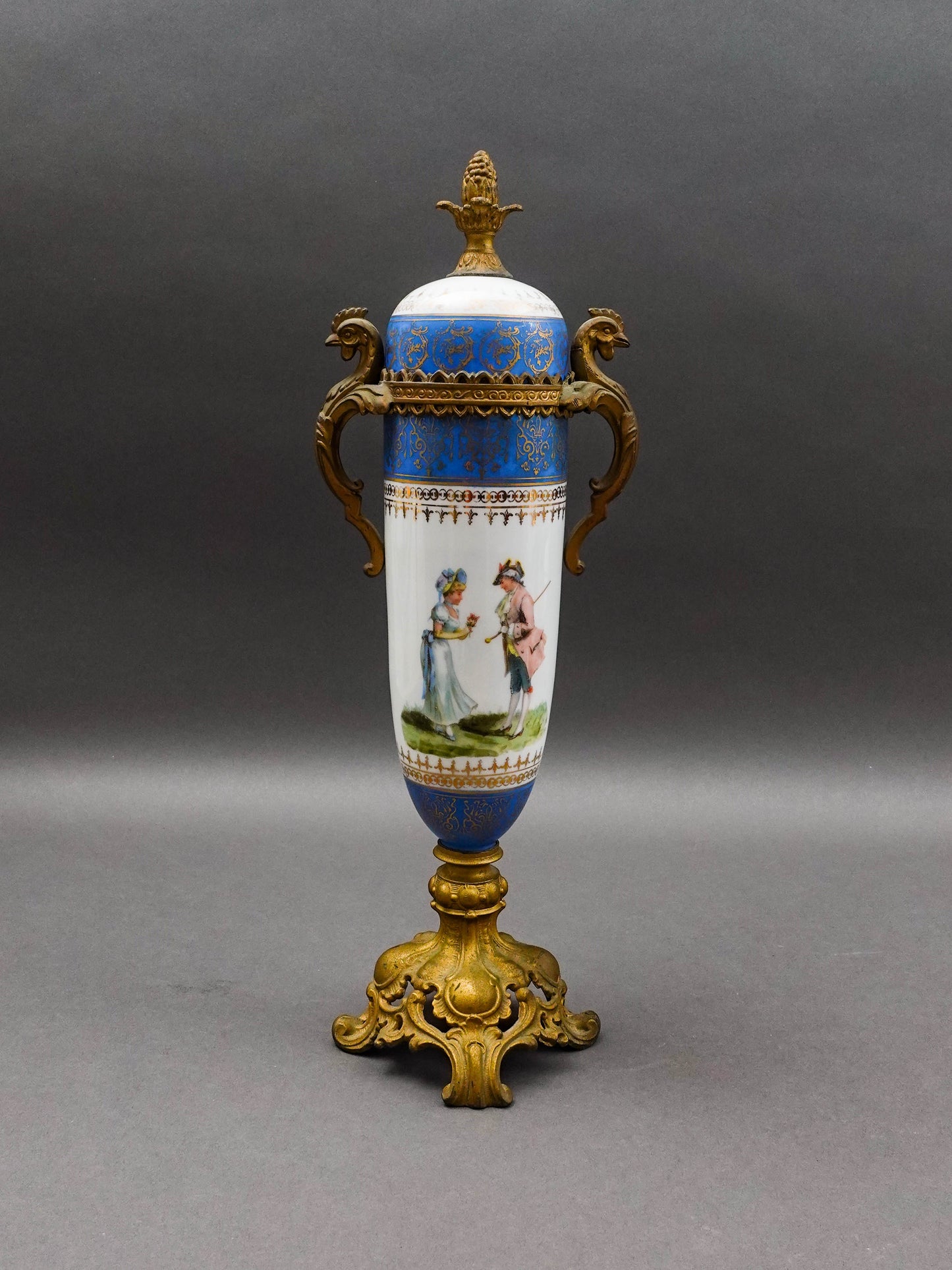 Sevres Style Antique French Hand Painted Porcelain Bronze Ormolu Mounts Urn Vase
