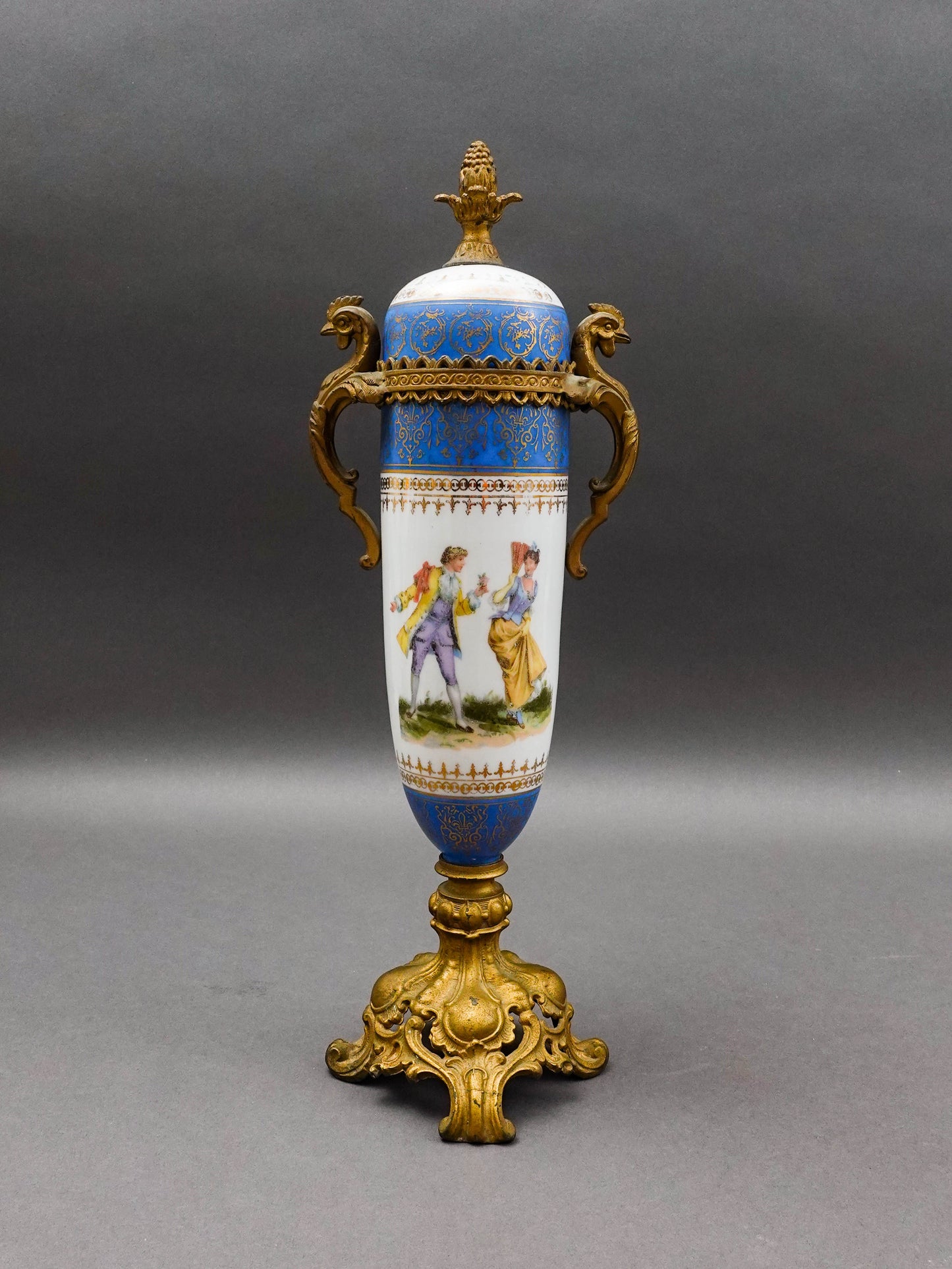 Sevres Style Antique French Hand Painted Porcelain Bronze Ormolu Mounts Urn Vase
