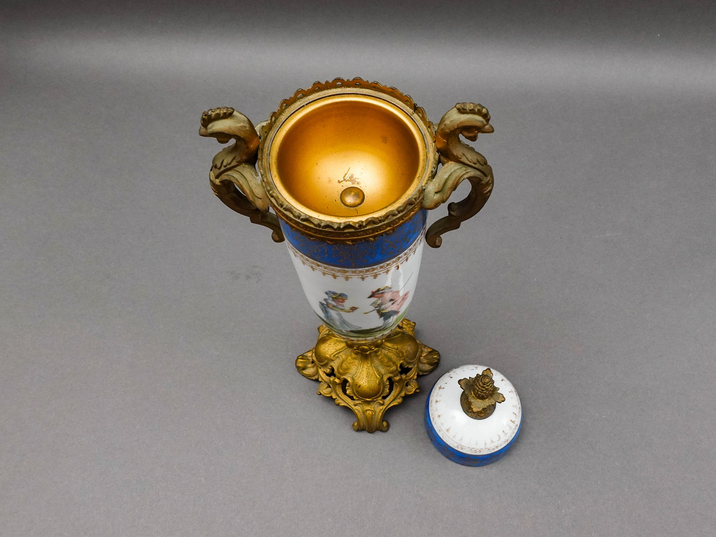 Sevres Style Antique French Hand Painted Porcelain Bronze Ormolu Mounts Urn Vase