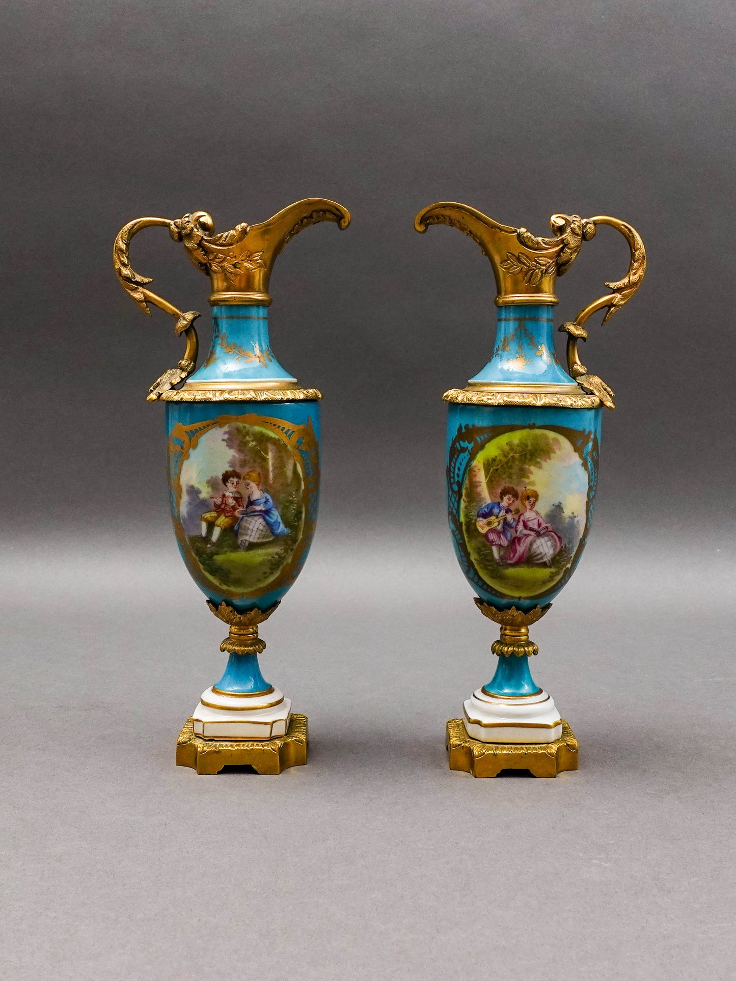 Sevres Style Antique Gold Gilt Bronze Mounted Turquoise Porcelain Ewer Jug Pair
