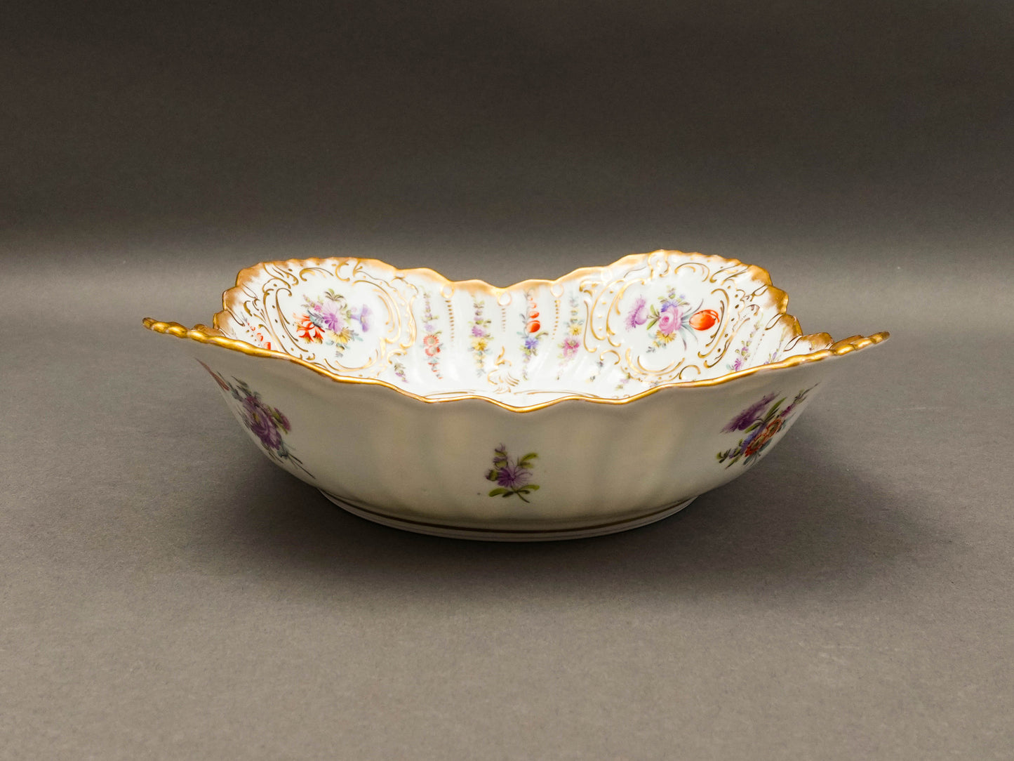 Dresden Germany Antique Franziska Hirsch Scalloped Floral Porcelain Serving Bowl