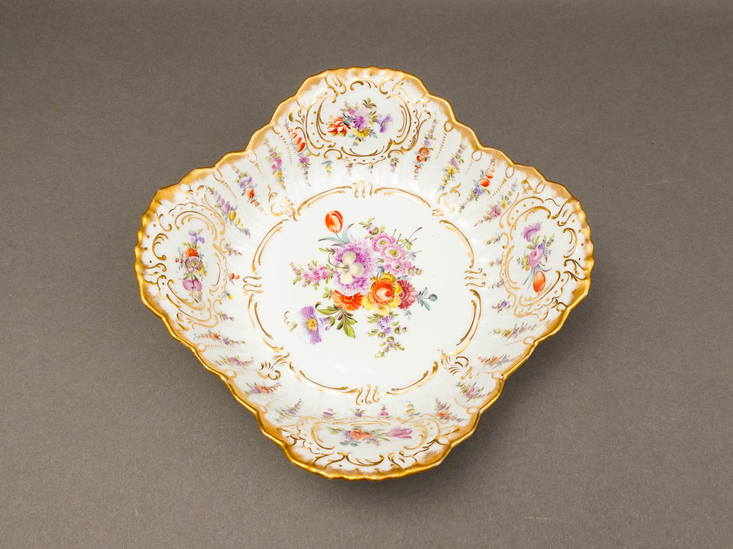 Dresden Germany Antique Franziska Hirsch Scalloped Floral Porcelain Serving Bowl