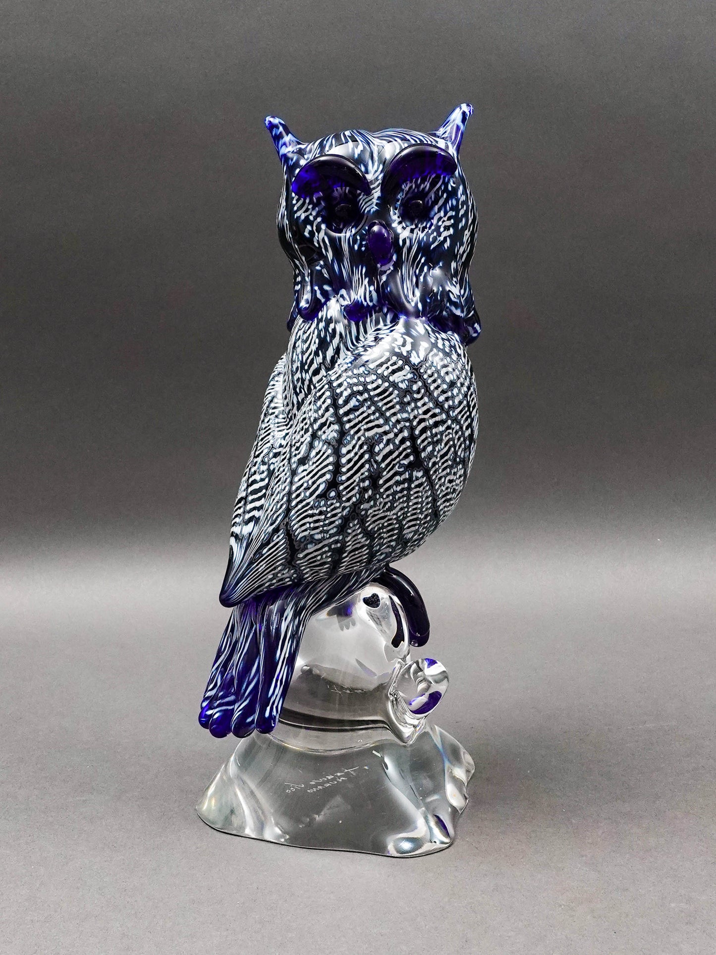 Seguso Viro Signed Large Blue & White Murano Glass Owl Figurine Sculpture 12"